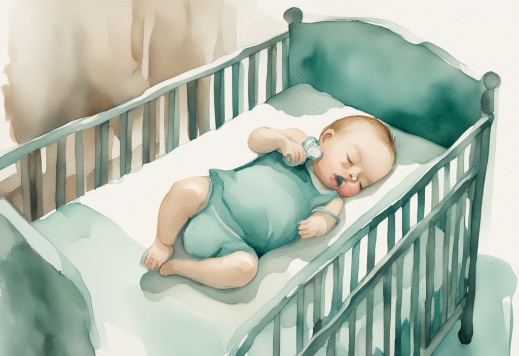 Modern watercolor illustration of a sleeping baby with a pacifier in a cozy crib, highlighting the theme "can babies sleep with pacifier" in a peaceful, teal color palette.