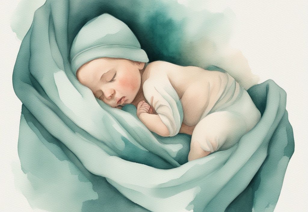 Modern watercolor illustration of hands swaddling a newborn baby in teal-themed fabric on a cozy background.