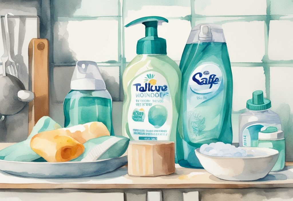 Modern watercolor illustration of teal-themed baby-safe dish soap brands with baby bottles and feeding accessories on a kitchen countertop.