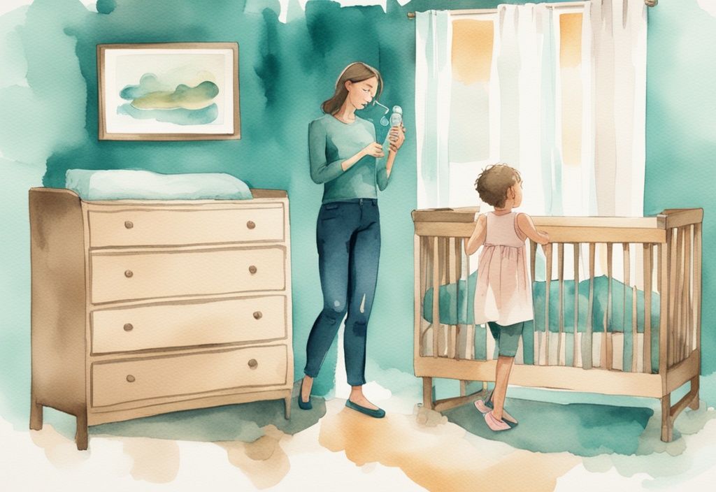 Modern watercolor illustration of a panicked parent with expired baby bottle by a crib, curious baby looking on, teal color theme.