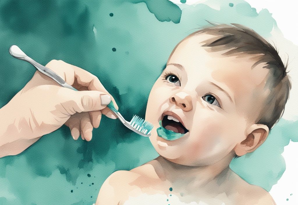 Modern watercolor illustration of a teal-themed child-sized toothbrush cleaning baby's teeth, lightening black stains.