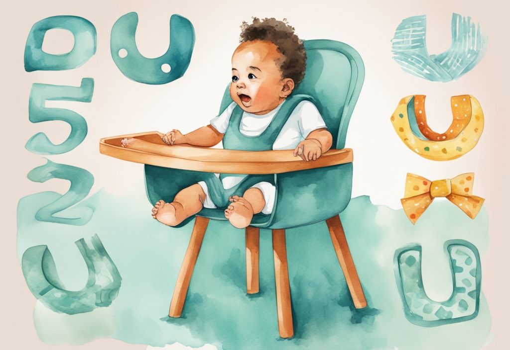 Modern watercolor illustration of a baby in a high chair with colorful bibs, highlighting the dilemma of choosing the right number of bibs; main color theme teal.