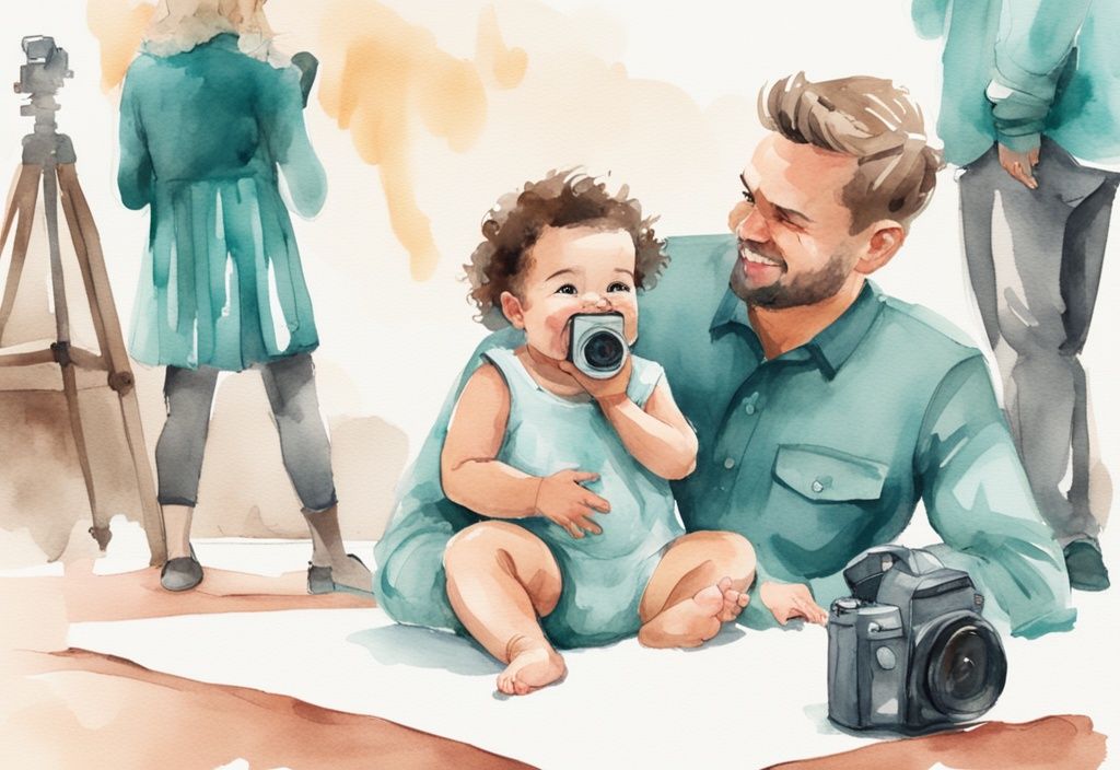 Modern watercolor illustration of a cheerful baby in a cute outfit being photographed professionally, with parents watching, illustrating how to get your baby into modeling.