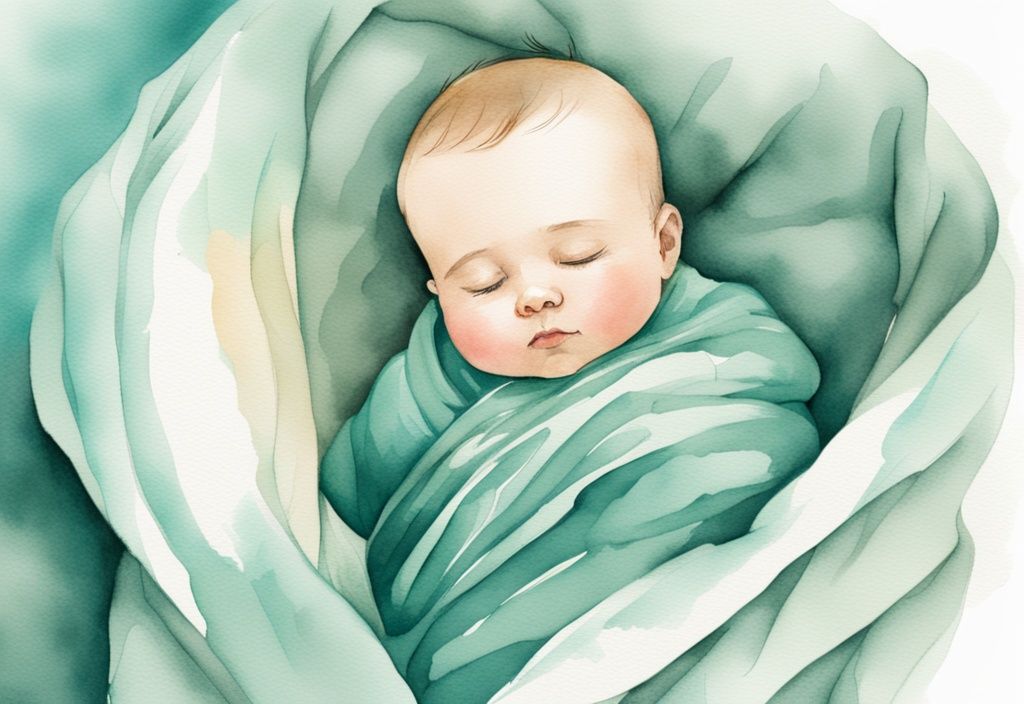 Modern watercolor illustration of a peacefully sleeping baby in teal theme, swaddled in a soft blanket with a onesie underneath, highlighting what should baby wear under swaddle.