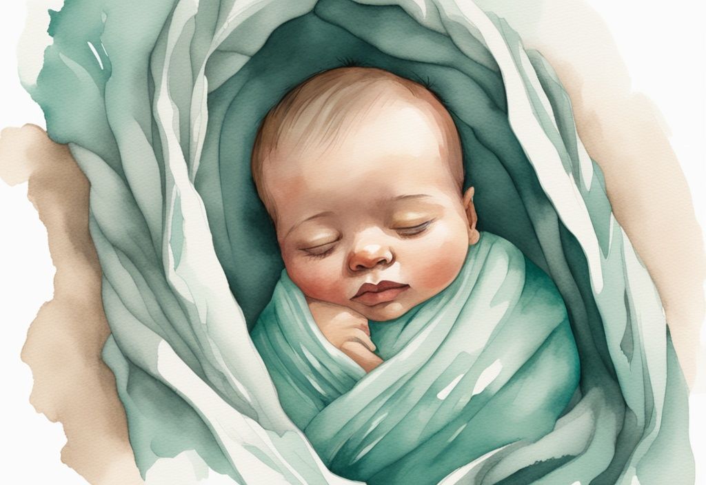 Modern watercolor illustration of a newborn baby in teal-themed swaddle, showcasing layered clothing beneath.