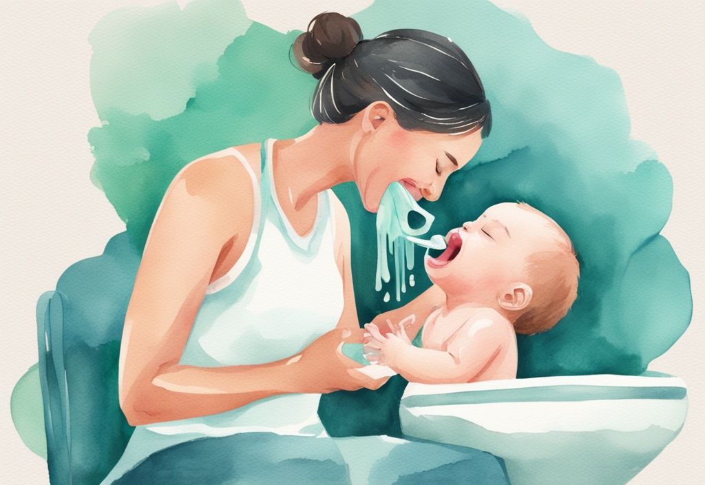 Modern watercolor illustration of a parent cleaning infant's tongue with a baby-friendly tongue cleaner, teal color theme.