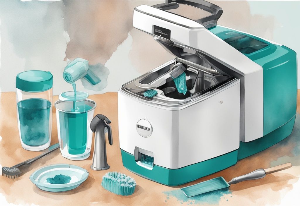 Modern watercolor illustration of hands disassembling and cleaning a Baby Brezza machine, focusing on teal-themed parts needing special attention.