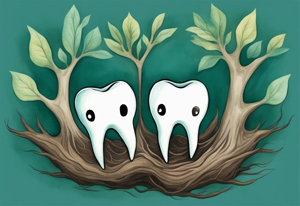 Modern watercolor illustration of deciduous baby teeth in teal, featuring one intact with roots and another with absorbed roots ready to fall out.