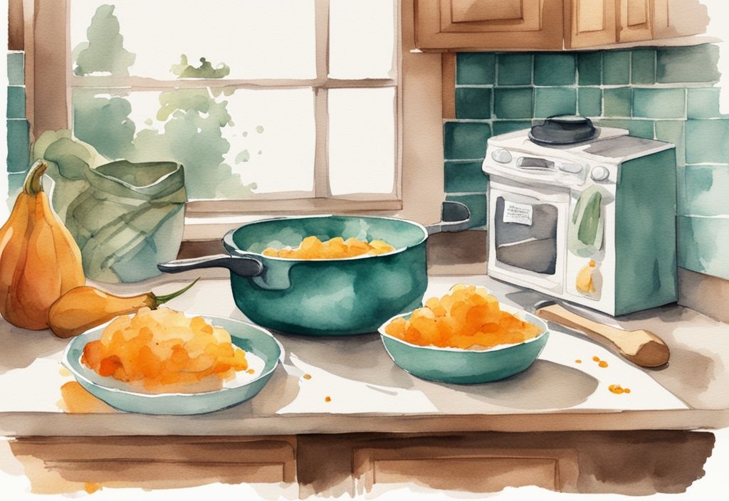 Modern watercolor illustration of a kitchen scene showing how to cook butternut squash for a baby, featuring teal hues, with chopped and steamed squash and a bowl of mashed squash ready for a baby's meal.