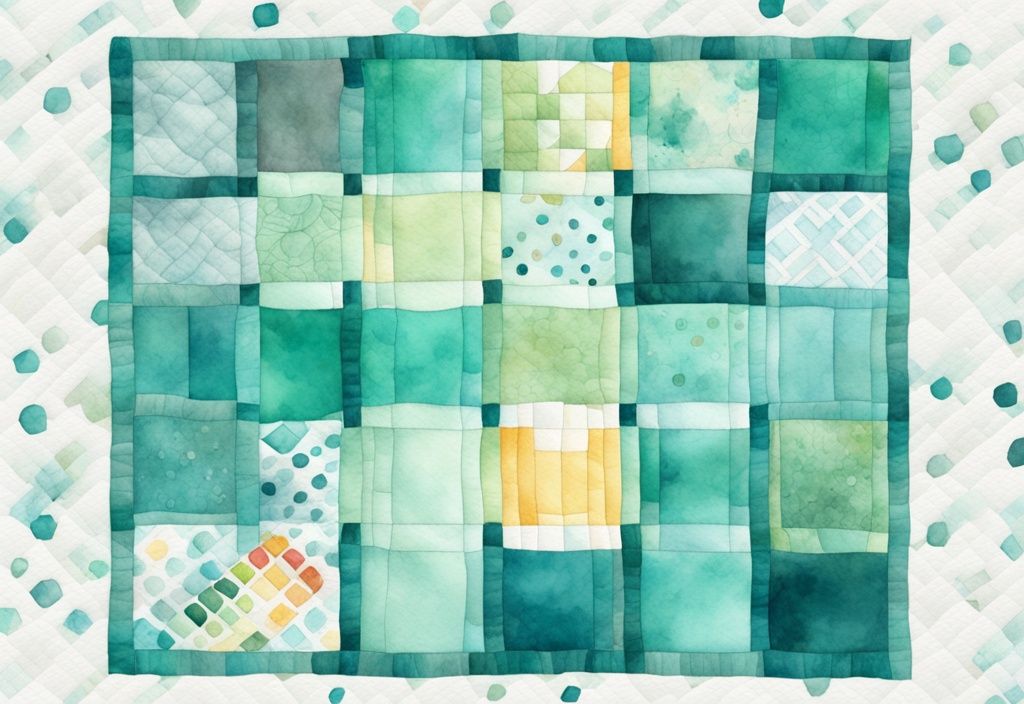 Modern watercolor illustration of a teal-themed baby quilt laid flat with a measuring tape showing dimensions, answering the question: what size is a baby quilt.