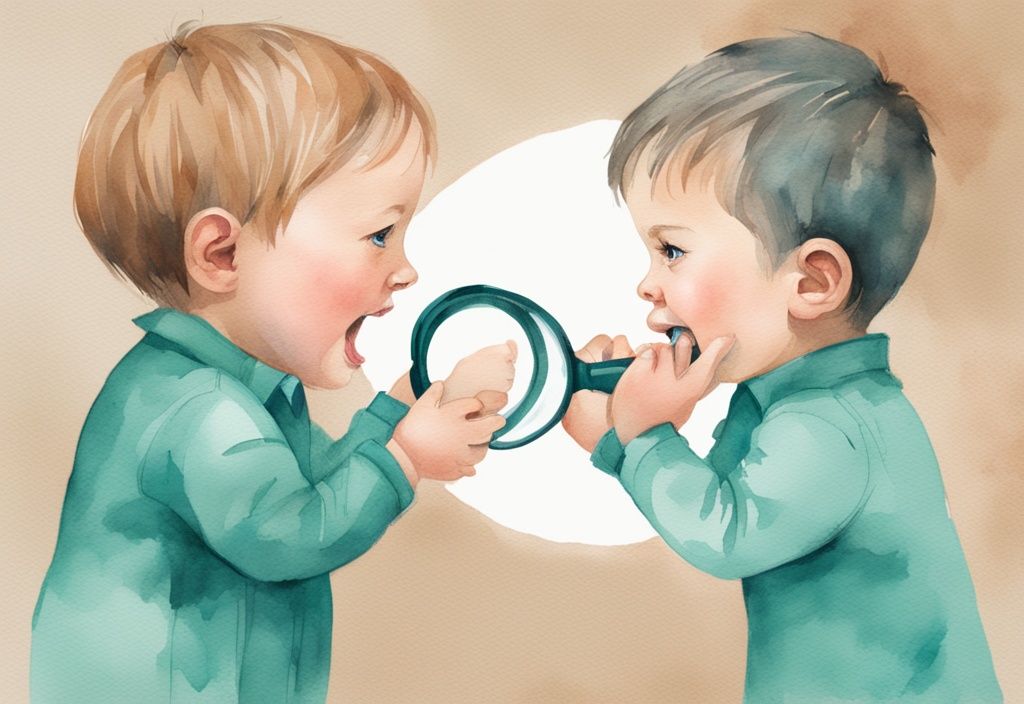 Modern watercolor illustration of hands with magnifying glass comparing baby tooth and adult tooth, teal color theme.