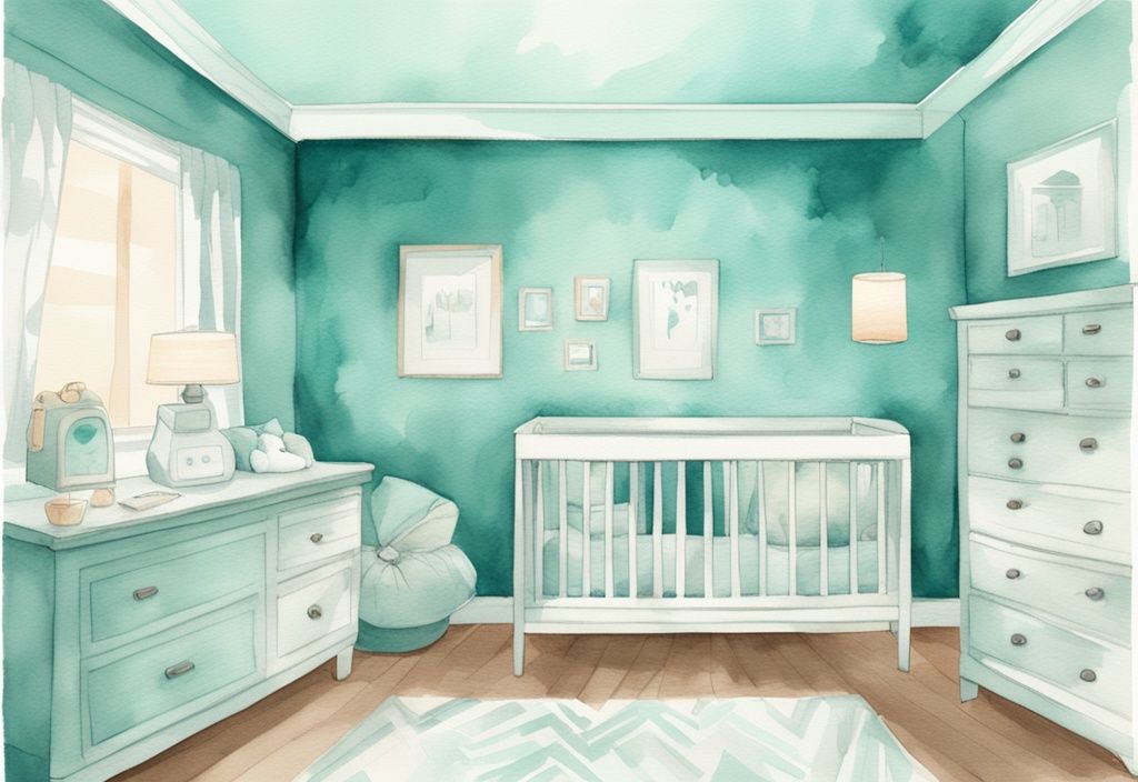 Modern watercolor illustration of a baby room in teal tones with a humidity monitor displaying the ideal humidity level, answering the question: what should the humidity be in a baby room.