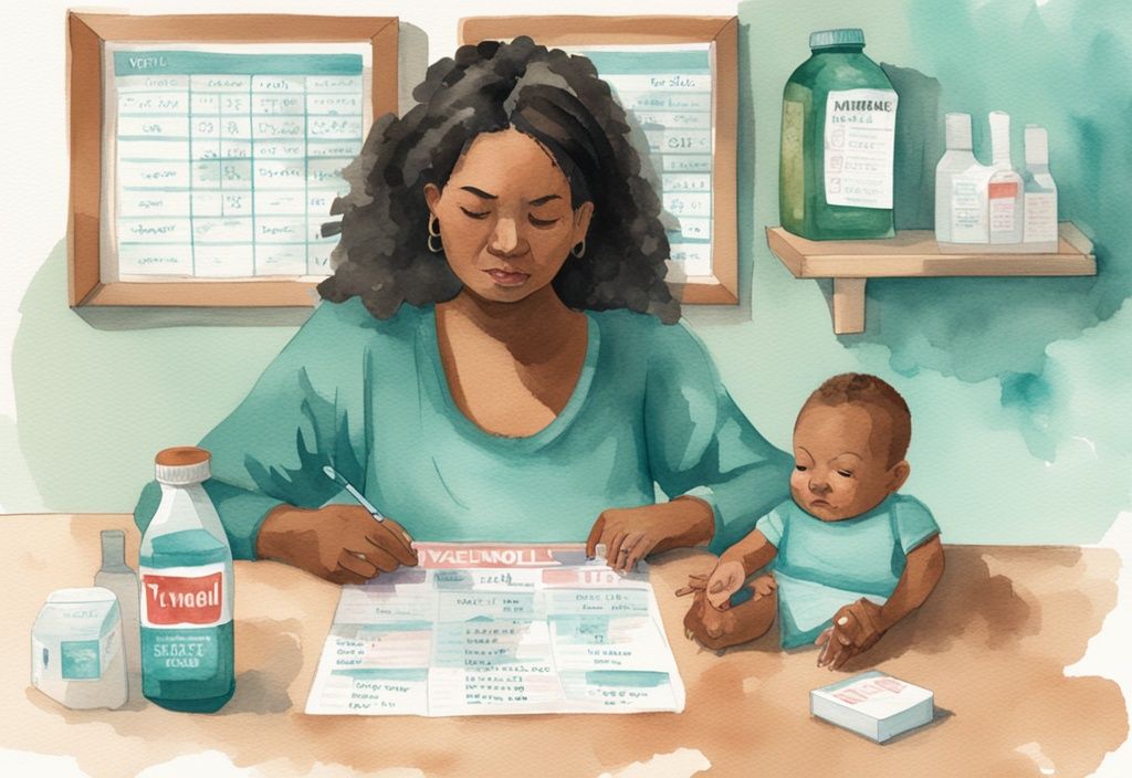 Modern watercolor illustration of a concerned parent holding baby Tylenol with baby nearby and vaccination schedule on table, teal color theme.