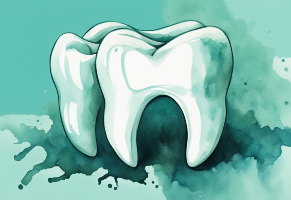 Modern watercolor illustration of a fallen-out baby tooth with emphasis on the root, addressing the question: do baby teeth have roots when they fall out, in a teal color theme.