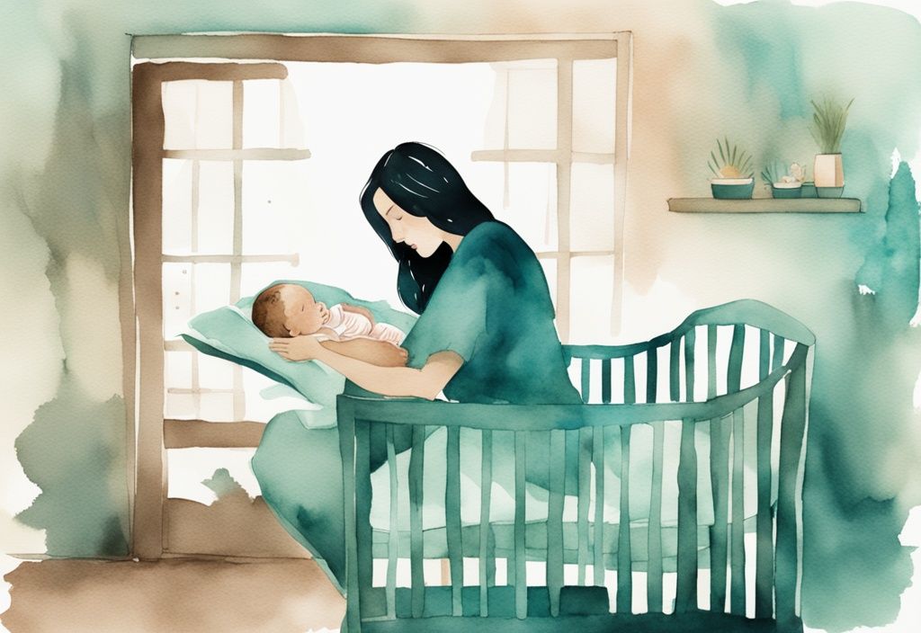 Modern watercolor illustration of a tired mother placing her sleeping baby in a crib, teal color theme