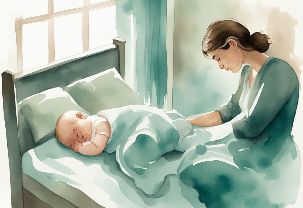 Modern watercolor illustration of a concerned parent demonstrating how to stop baby sleeping face down by gently repositioning to a side or back position in a safe, cozy infant room, with a teal color theme.